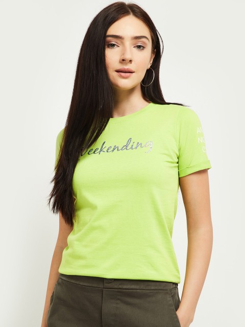 

max Women Green Typography T-shirt