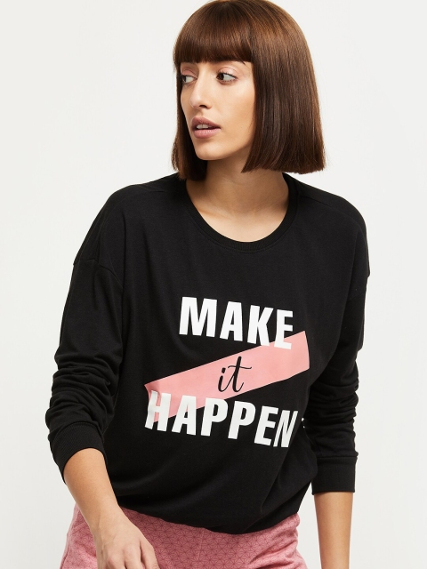 max Women Black & White Typography Printed T-shirt