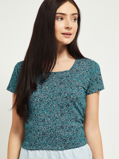 

max Women Teal Floral Printed T-shirt