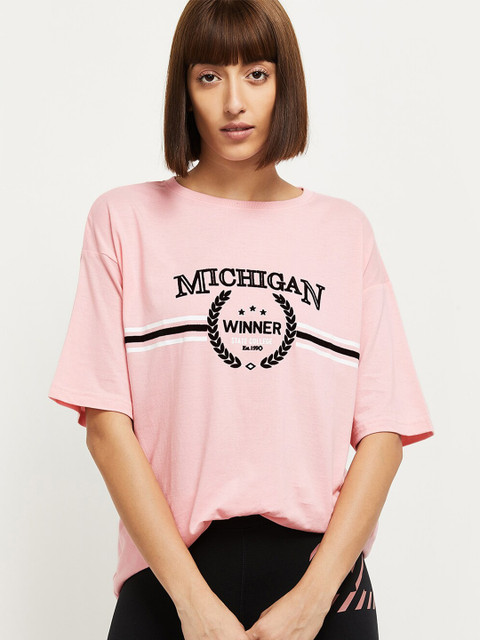 

max Women Pink Typography Printed Raw Edge T-shirt