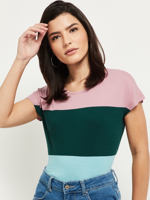 

max Women Pink Striped V-Neck Extended Sleeves T-shirt
