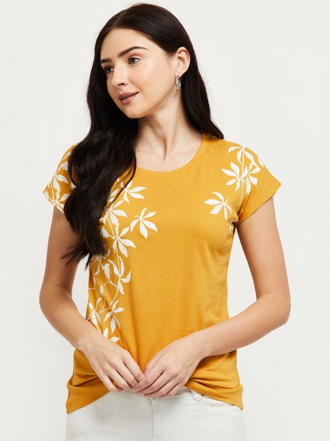 

max Women Yellow and White Floral Printed T-shirt