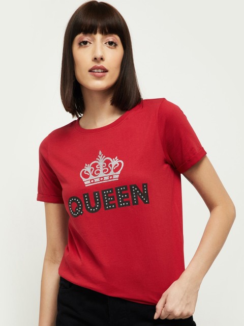 

max Women Red Typography Printed T-shirt