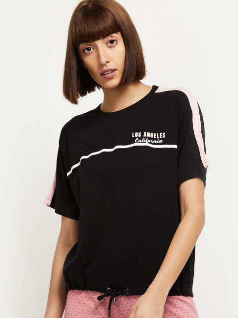 

max Women Black and White Typography Printed T-shirt