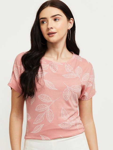 

max Women Pink & Off White Floral Printed Extended Sleeves T-shirt