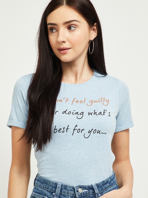 

max Women Blue Typography Printed T-shirt