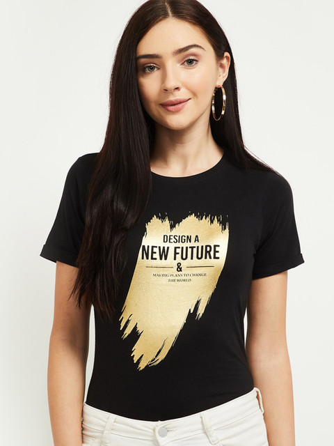 

max Women Black & Gold-Toned Printed T-shirt
