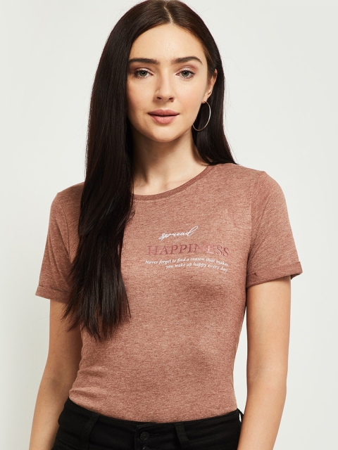 

max Women Brown Typography Printed T-shirt