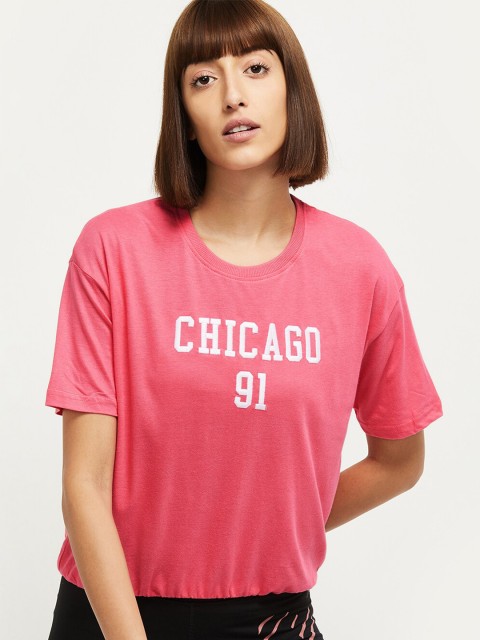 

max Women Pink & White Typography Printed T-shirt