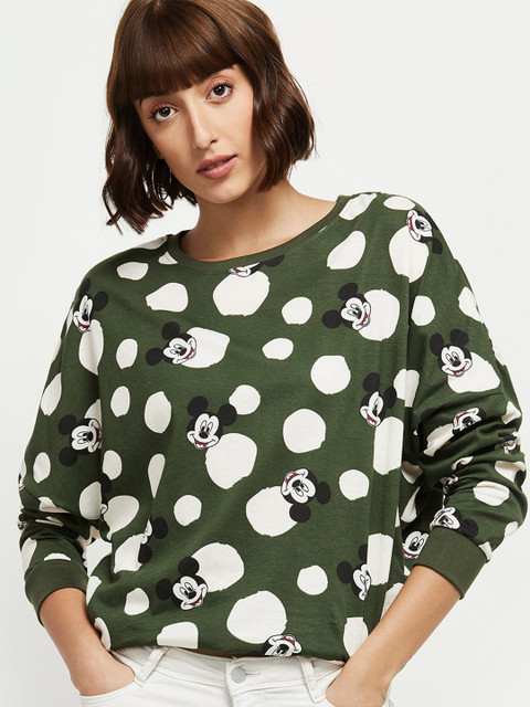 

max Women Green Printed Drop-Shoulder Sleeves T-shirt