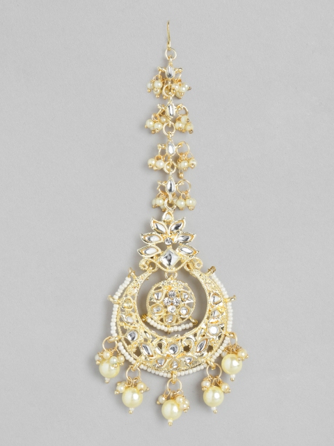 

Melani Borsa Off-White Gold-Plated Kundan Studded & Beaded Handcrafted Maang Tika