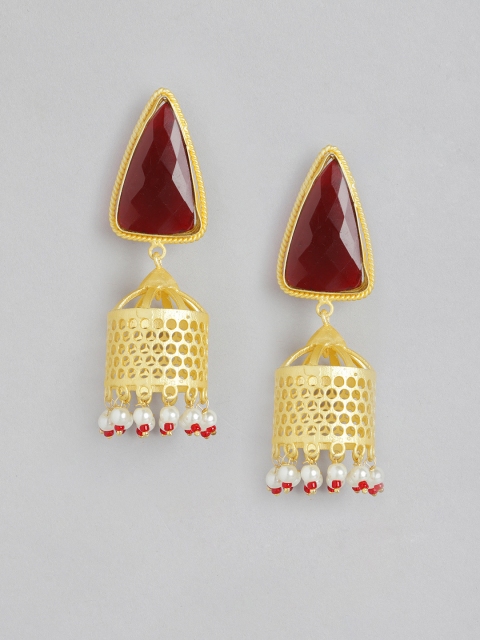 

Melani Borsa Maroon Gold-Plated Stone-Studded & Beaded Dome Shaped Handcrafted Jhumkas