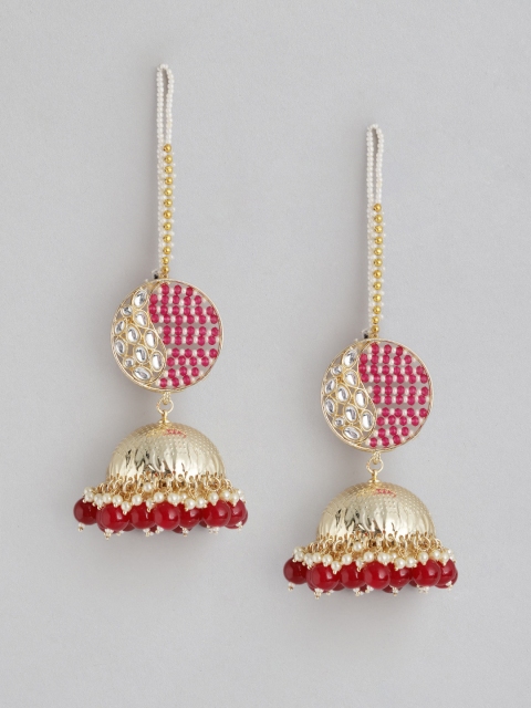 

Melani Borsa Pink Gold-Plated Stone Studded & Beaded Handcrafted Jhumkas with Chain