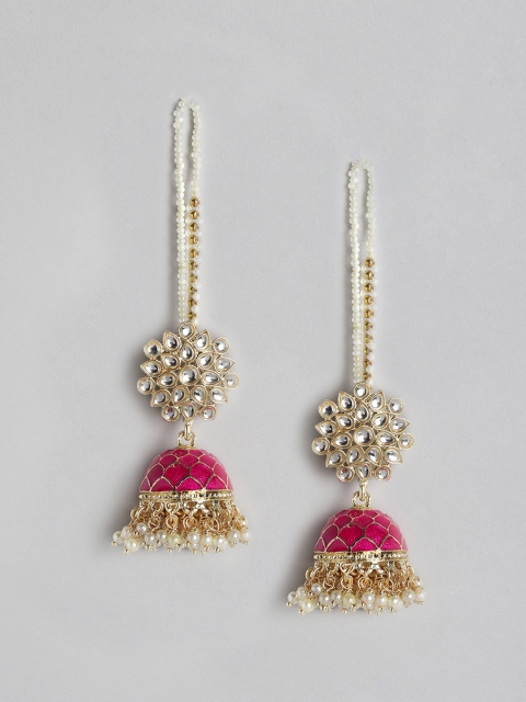 

Melani Borsa Pink & Off-White Gold-Plated Kiundan & Beaded Dome Jhumkas with Ear Chain
