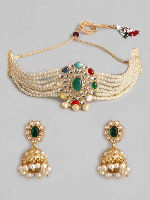 

Melani Borsa Off-White & Green Gold-Plated Kundan Studded & Beaded Jewellery Set