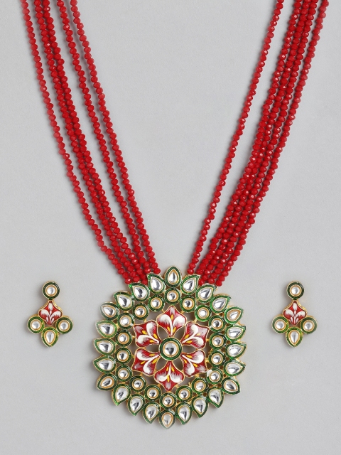 

Melani Borsa Maroon & Green Gold-Plated Kundan Studded & Beaded Enamelled Jewellery Set