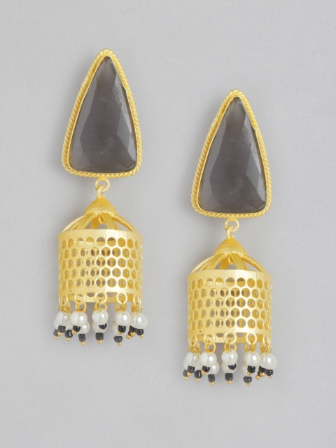 

Melani Borsa Charcoal Grey Gold-Plated Stone-Studded & Beaded Handcrafted Jhumkas