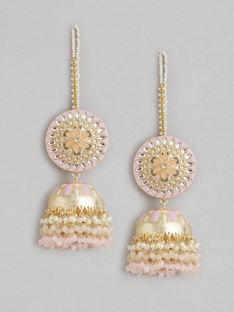 

Melani Borsa Lavender Gold-Plated Kundan Studded & Beaded Handcrafted Jhumkas with Chain
