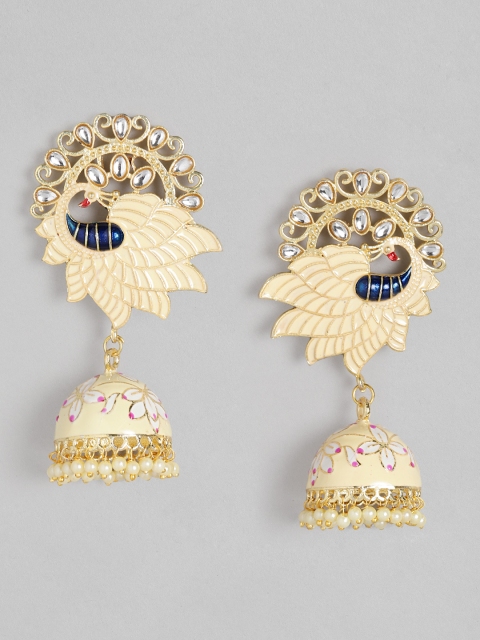 

Melani Borsa Cream-Coloured Gold-Plated Kundan Studded & Beaded Handcrafted Jhumkas