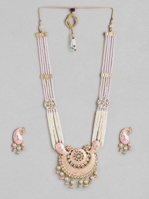 

Melani Borsa Pink & Off-White Gold-Plated Kundan Studded & Beaded Jewellery Set