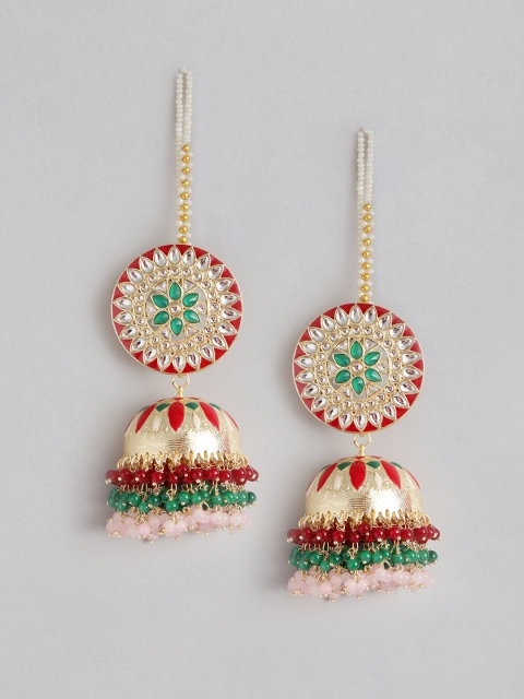 

Melani Borsa Red Gold-Plated Kundan Studded & Beaded Handcrafted Jhumkas with Chain