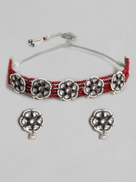 

Melani Borsa Maroon Oxidised Silver-Plated Kundan Studded & Beaded Jewellery Set