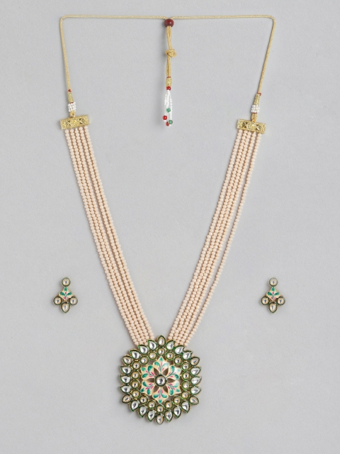 

Melani Borsa Peach-Coloured & Green Gold-Plated Kundan & Beaded Enamelled Jewellery Set