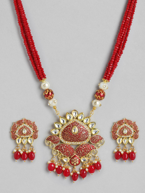 

Melani Borsa Maroon Gold-Plated Kundan Studded & Beaded Enamelled Jewellery Set