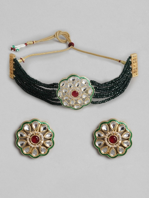 

Melani Borsa Olive Green Gold-Plated Kundan Studded & Beaded Choker Jewellery Set