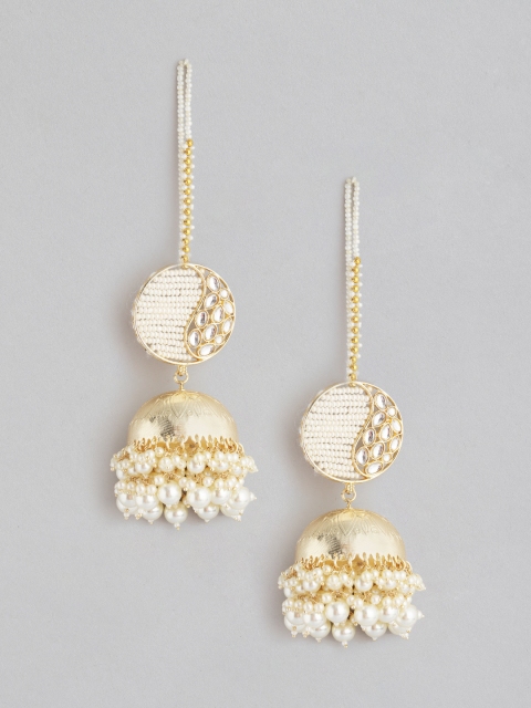 

Melani Borsa Off White Gold-Plated Stone Studded & Beaded Handcrafted Jhumkas with Chain