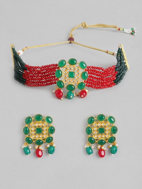 

Melani Borsa Green & Maroon Gold-Plated Kundan Studded & Beaded Jewellery Set