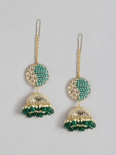 

Melani Borsa Green & Off-White Gold-Plated Studded & Beaded Dome Jhumkas with Ear Chain