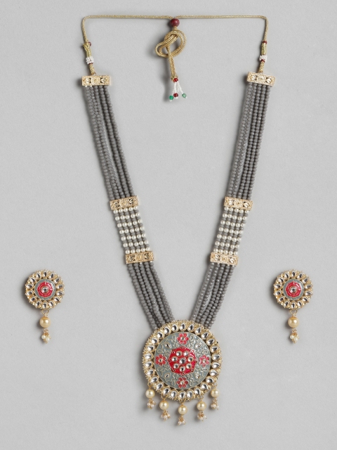 

Melani Borsa Grey & Pink Gold-Plated Kundan Studded & Beaded Jewellery Set