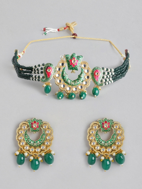 

Melani Borsa Green & Pink Gold-Plated Kundan & Beaded Enamelled Choker Jewellery Set