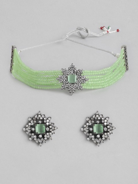 

Melani Borsa Green Rhodium-Plated American Diamond-Studded Beaded Jewellery Set