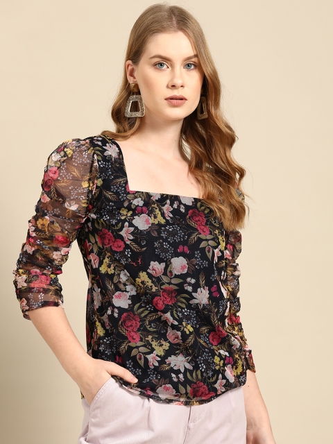 

COVER STORY Navy Blue & Maroon Floral Printed Puff Sleeve Regular Top