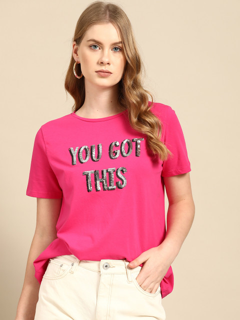 

COVER STORY Women Pink & Silver Typography Printed T-shirt With Sequined Detail