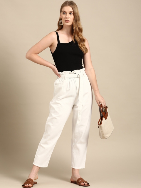 

COVER STORY Women White Cotton Straight Fit High-Rise Pleated Anti Fit Trousers