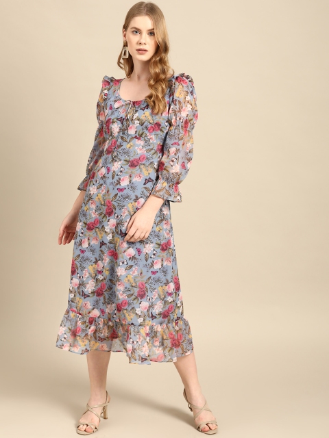 

COVER STORY Blue & Pink Floral Print Empire Dress
