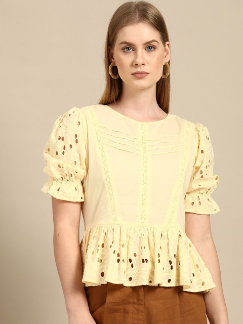 

COVER STORY Yellow Pure Cotton Solid Puff Sleeve A-Line Top With Schiffli Detail