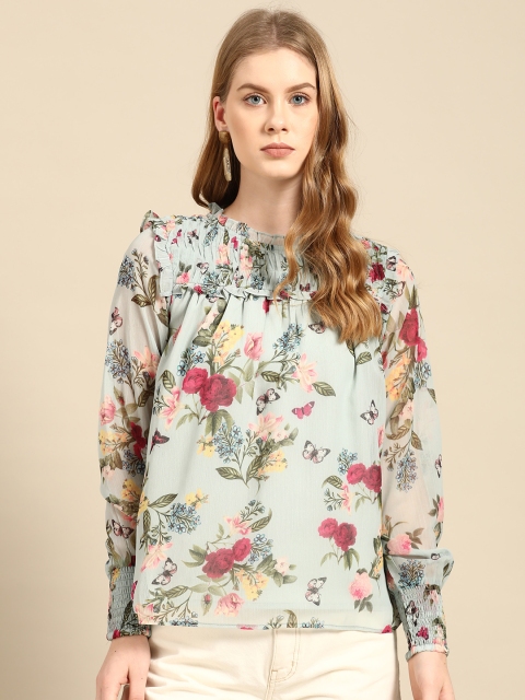

COVER STORY Blue & Maroon Floral Printed Puff Sleeve Smocked Regular Top