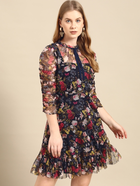 

COVER STORY Navy Blue & Pink Floral Print Net A-Line Dress