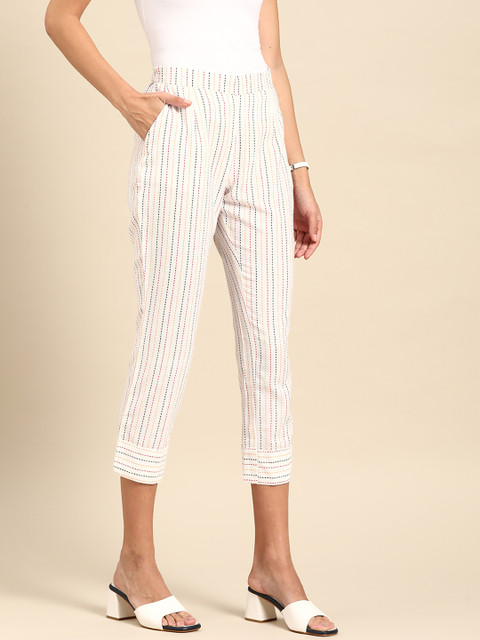 

Anouk Women White Striped Pure Cotton Straight Fit Regular Trousers
