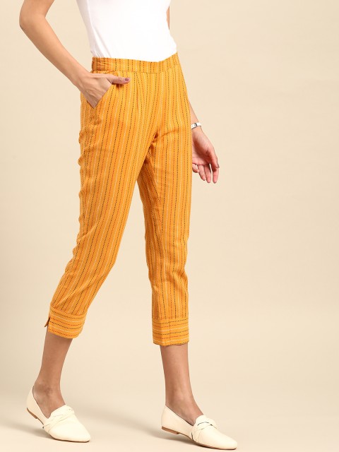 

Anouk Women Mustard Yellow Striped Pure Cotton Straight Fit Regular Trousers