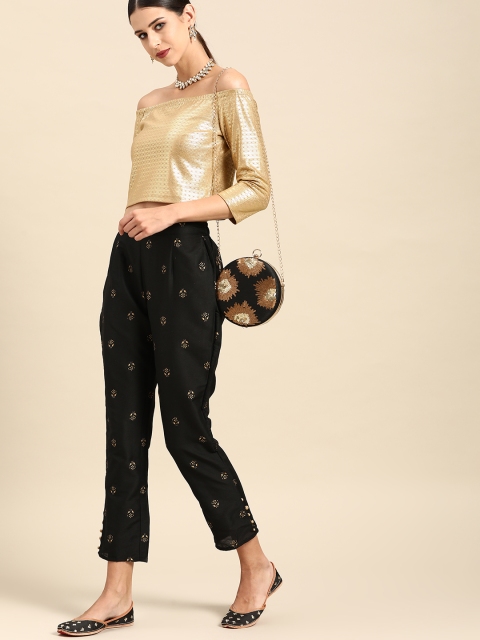 

Anouk Women Black & Golden Ethnic Motifs Print Straight Fit Trousers