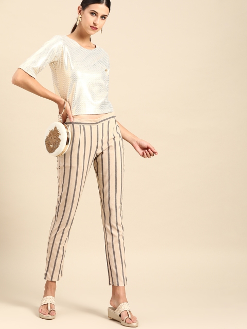 

Anouk Women Beige & Charcoal Grey Striped Cotton Straight Fit Trousers