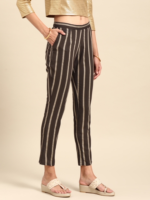 

Anouk Women Coffee Brown & Beige Striped Cotton Straight Fit Cropped Trousers