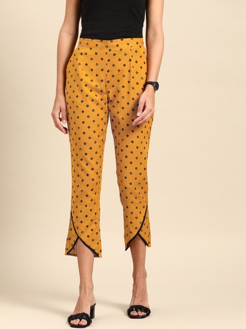 

Anouk Women Mustard Yellow & Black Geometric Print Straight Fit Cropped Trousers