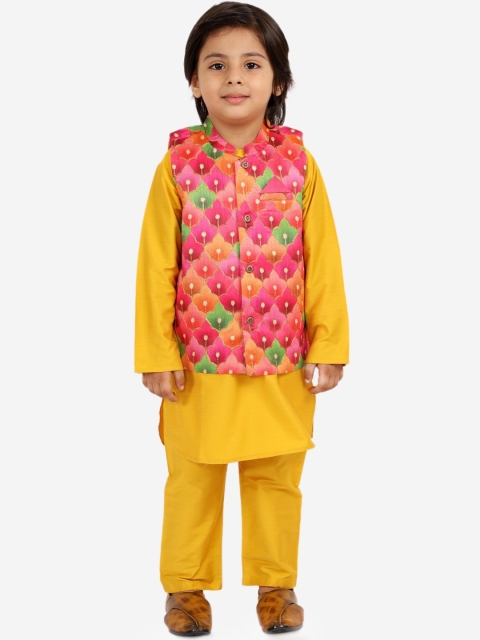 

Lil Peacock Boys Mustard Yellow Floral Printed Kurta with Trousers & Nehru jacket