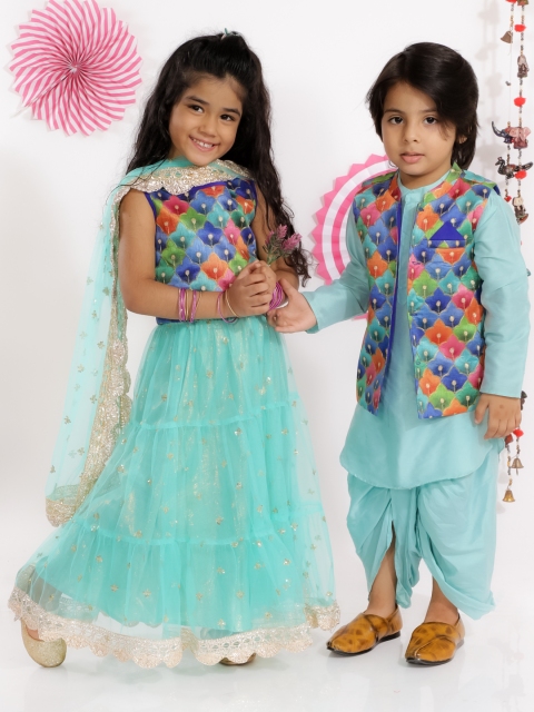 

Lil Peacock Boys Blue Ethnic Motifs Kurta with Dhoti Pants & With Nehru Jacket